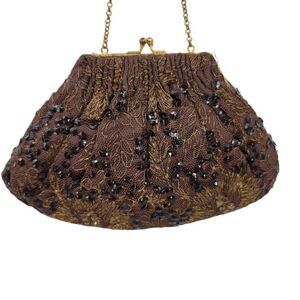 Vtg 50's Baguette Mini Framed Brown Gold Metallic Floral Embroidered Sequin